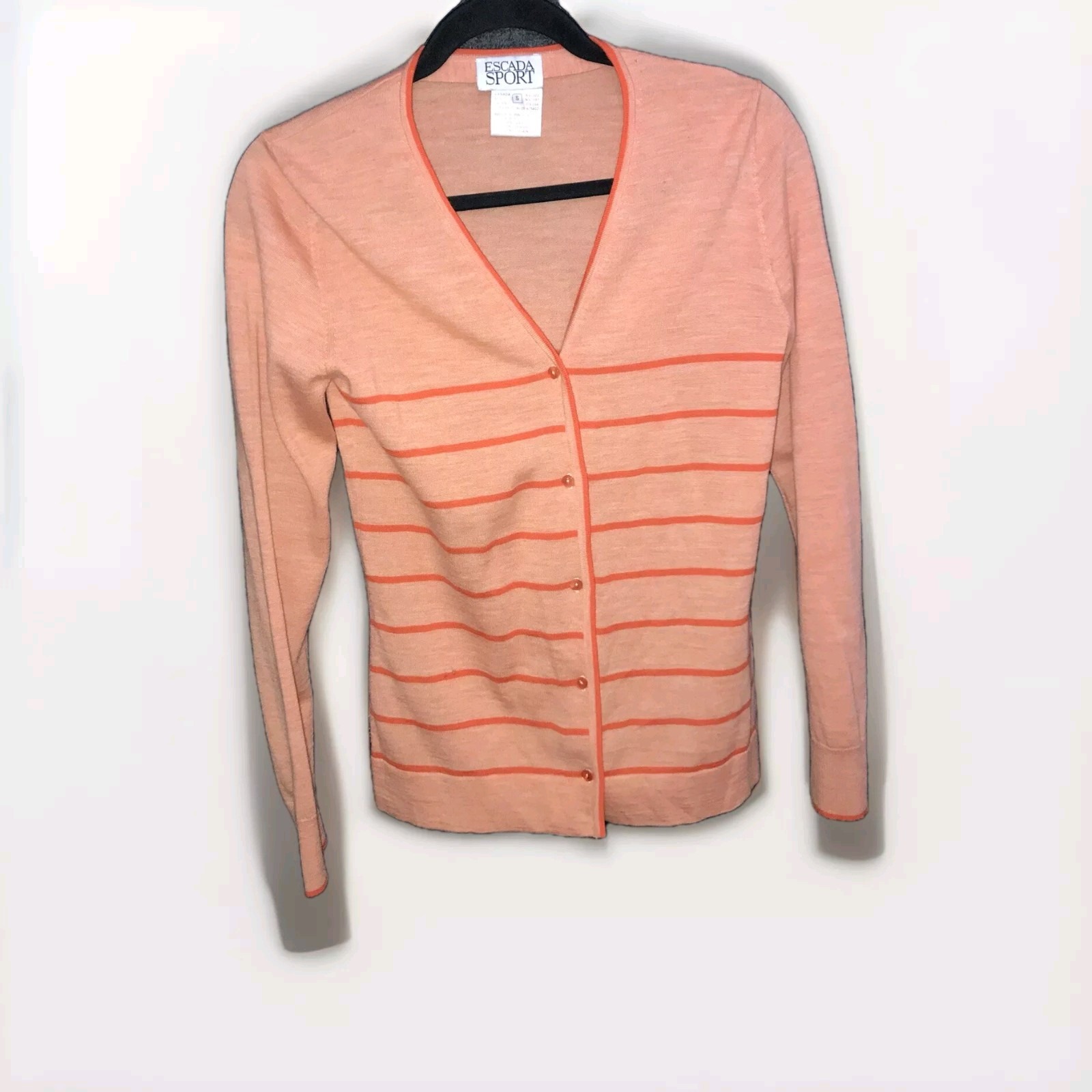 Escada Sport Striped Orange Sweater Cardigan V-Neck Button Small 100% Wool *Flaw